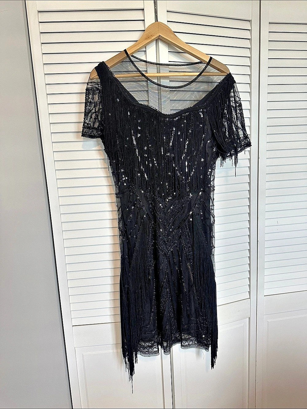 Unique Vintage Black Fringe Mini Dress Size Medium